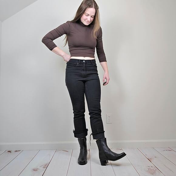 Vintage Y2K Black Leather Biker Chelsea Heeled Calf High Ankle Boots Womens 7.5 - Picture 12 of 13